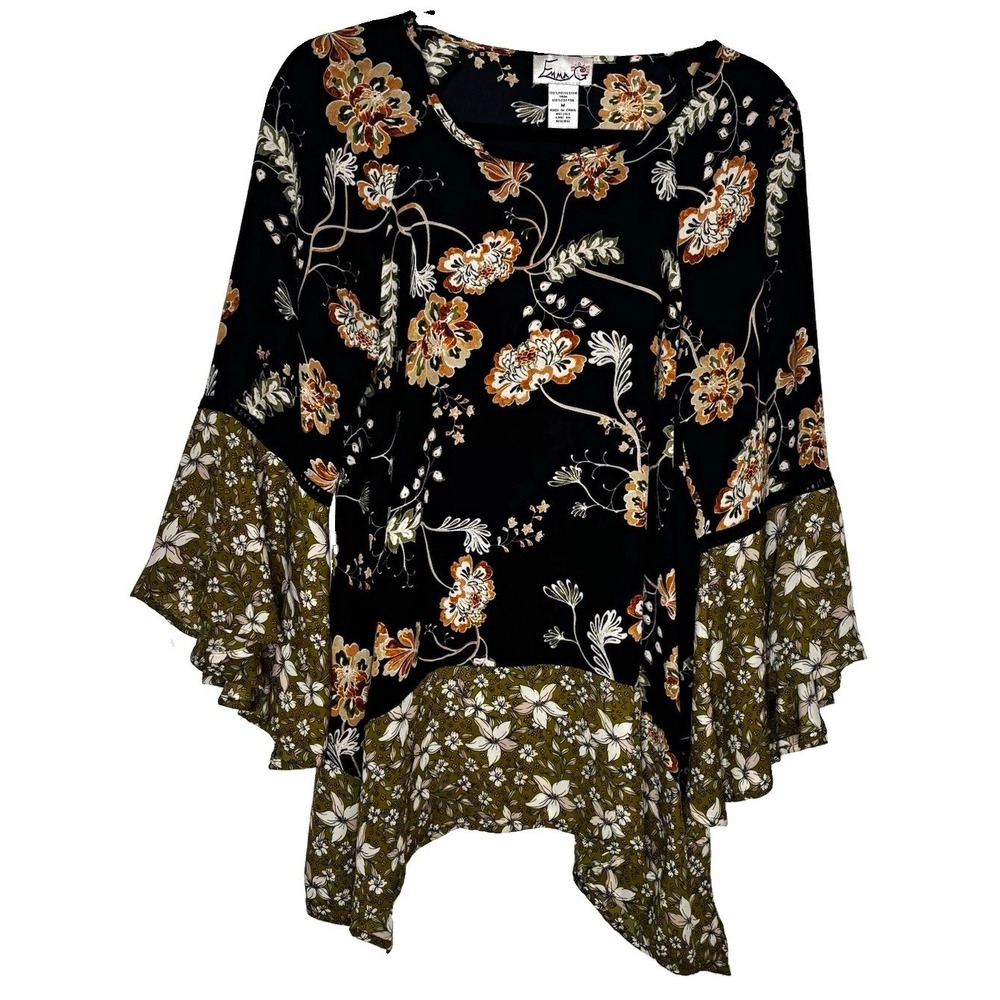 Emma G Blouse Top Med Black Green Floral Chiffon V-Neck Bell 3/4 Ruffle